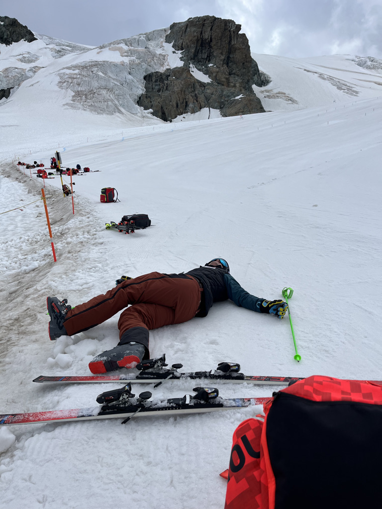 Riley enjoying being back in his ski boots